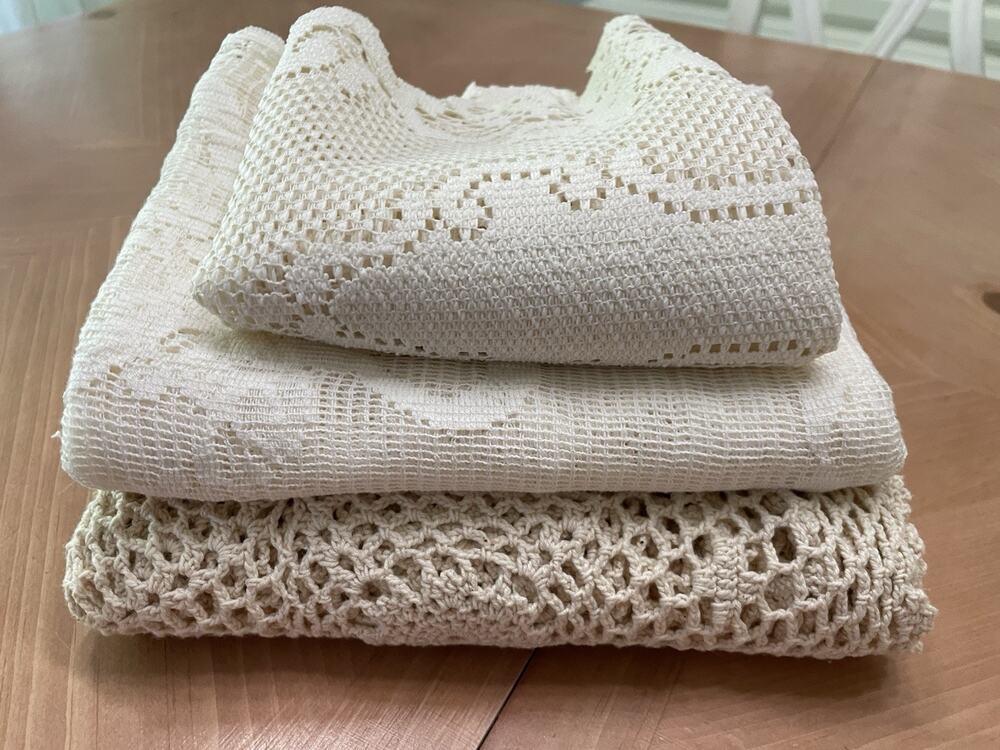 Vintage Hand Crochet Tablecloth + Lace Runner Doily Lot of 3 AS-IS Flaws